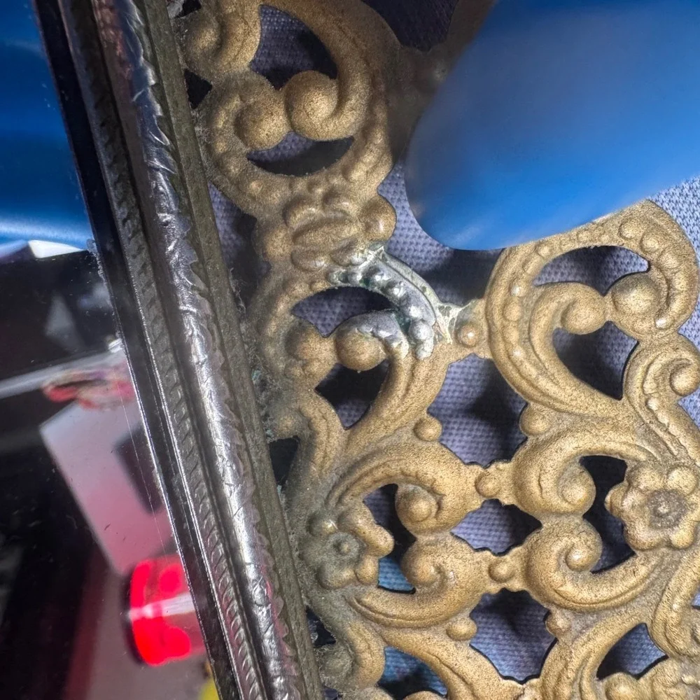 Vintage Mirror Vanity Tray Gold Filigree Metal Rectangle Hollywood Regency MCM